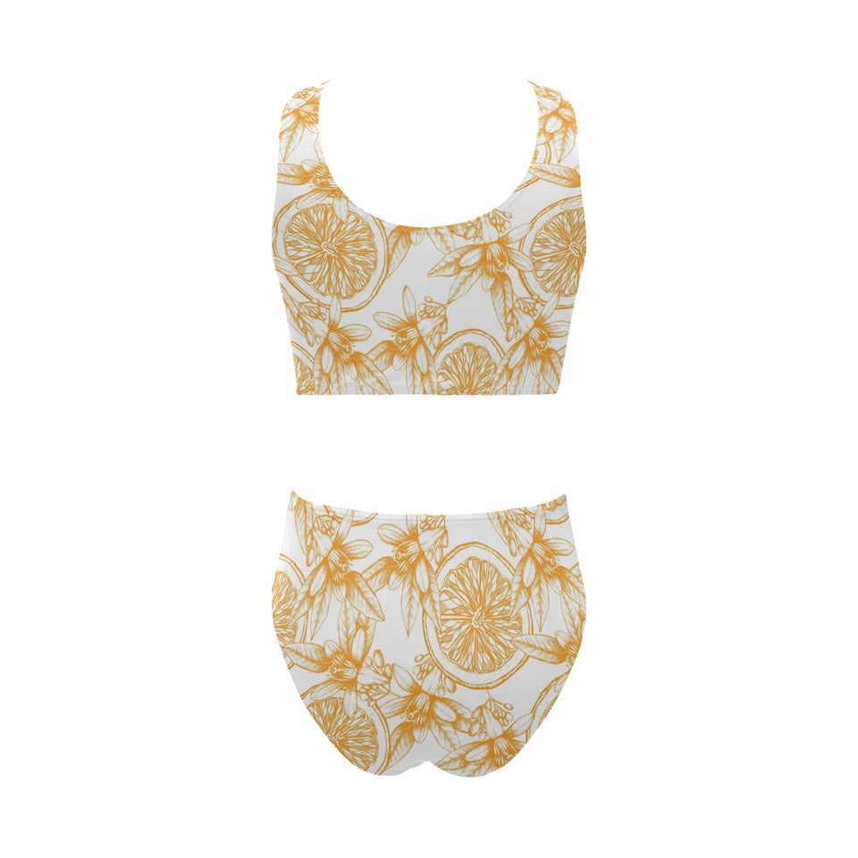 hand drawn orange fruit pattern Chest Bowknot High Waisted Bikini Swimsuit