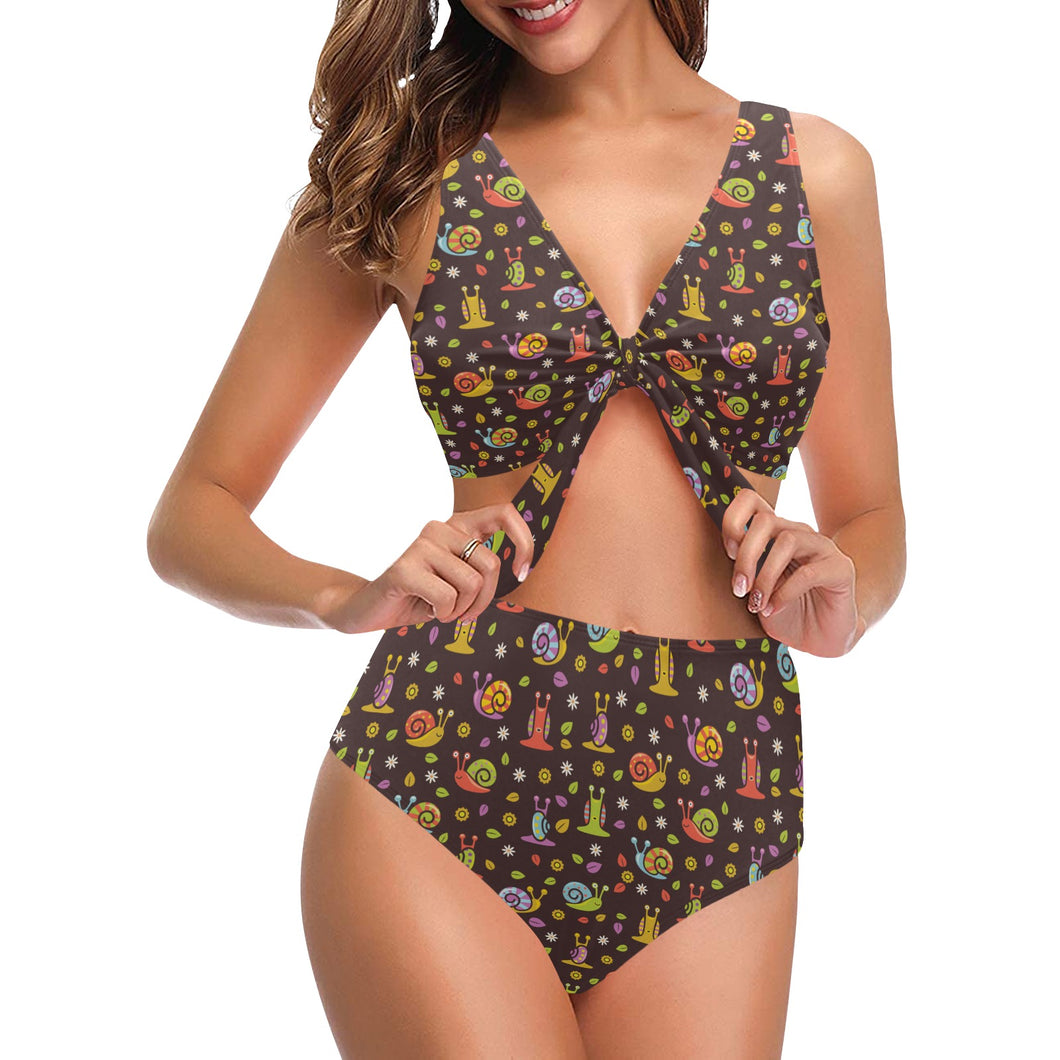 Snail Pattern Print Design 02 Chest Bowknot High Waisted Bikini Swimsuit