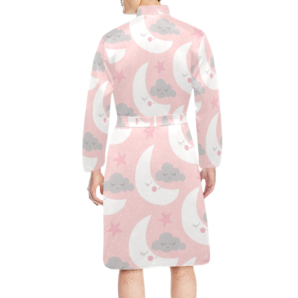 Cute moon cloud star pattern pink dot background Men's Long Sleeve Belted Night Robe