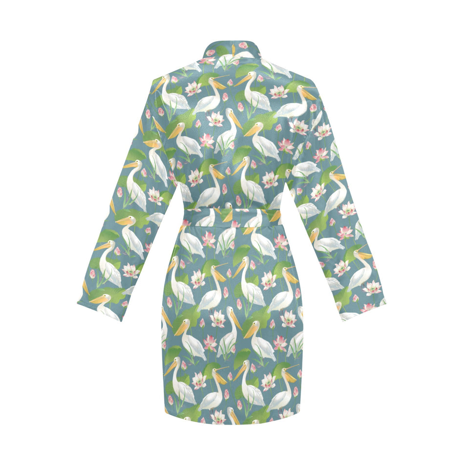 Pelican Pattern Print Design 04 Women's Long Sleeve Belted Night Robe