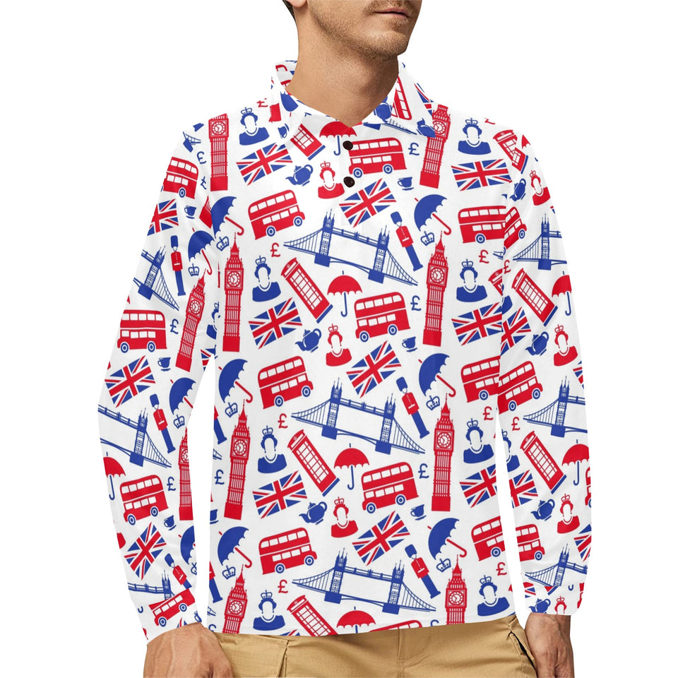 British Pattern Print Design 01 Men's Long Sleeve Polo Shirt