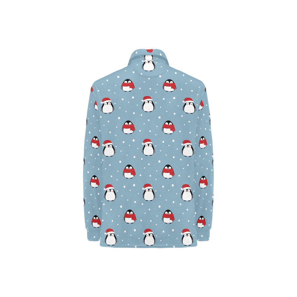 Cute penguin christmas snow pattern Women's Long Sleeve Polo Shirt