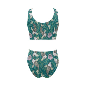 Koi Fish Carp Fish lotus pattern Chest Bowknot High Waisted Bikini Swimsuit