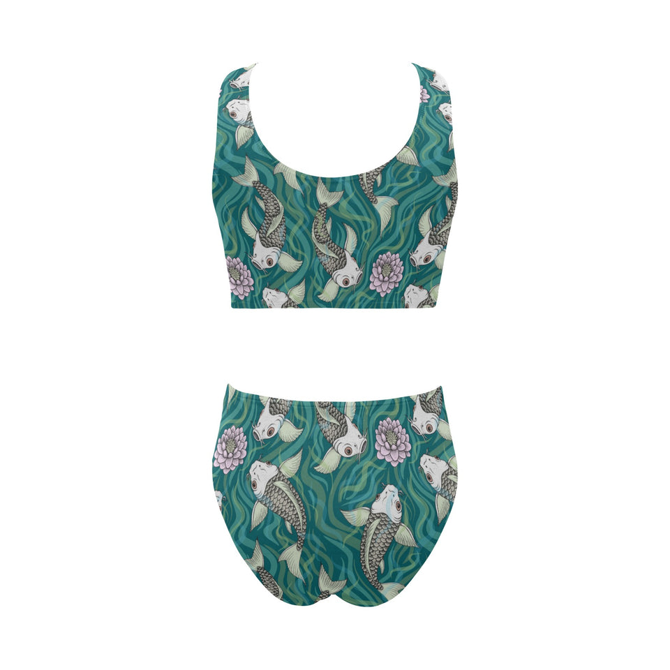 Koi Fish Carp Fish lotus pattern Chest Bowknot High Waisted Bikini Swimsuit