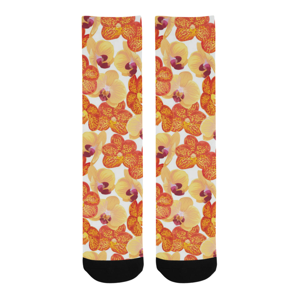 Orange yellow orchid flower pattern background Crew Socks