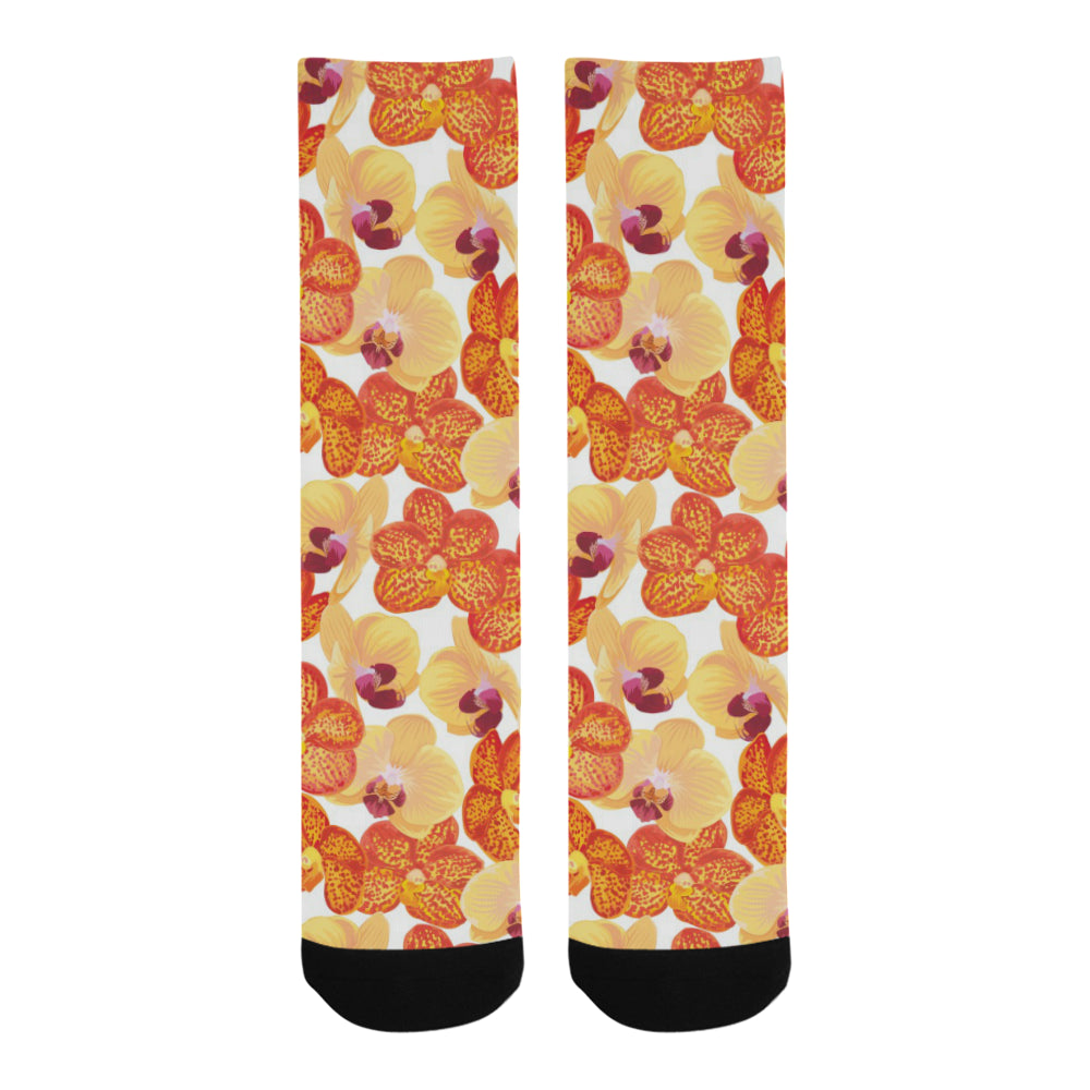 Orange yellow orchid flower pattern background Crew Socks