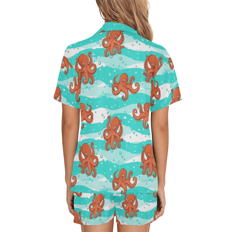 Octopuses sea wave background Women's V-Neck Short Pajama Set