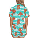 Octopuses sea wave background Women's V-Neck Short Pajama Set