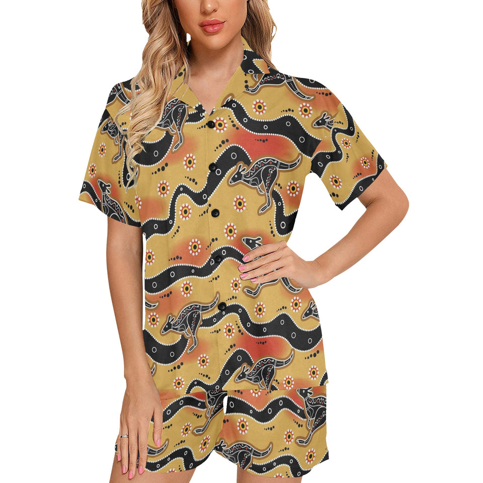Kangaroo Australian aboriginal art pattern Women's V-Neck Short Pajama Set