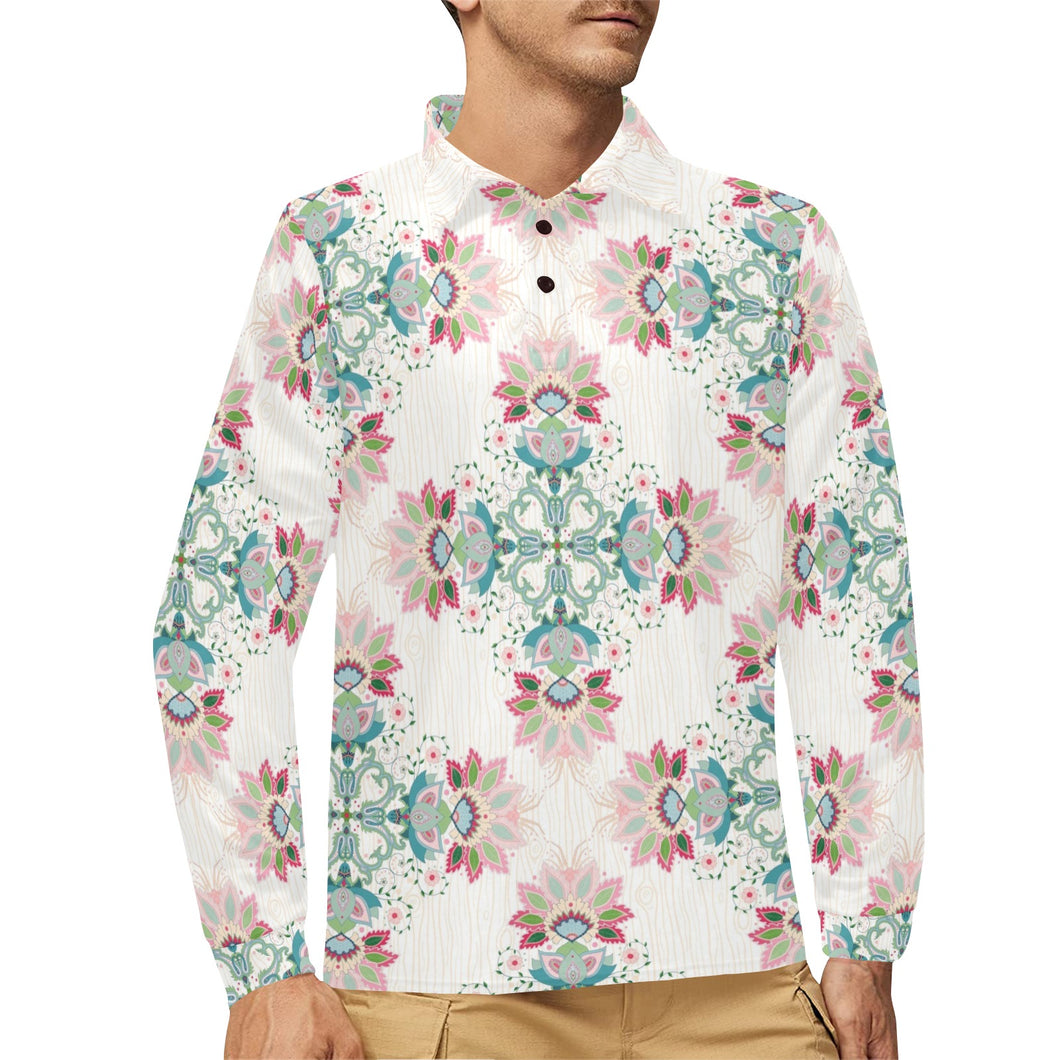 Square floral indian flower pattern Men's Long Sleeve Polo Shirt