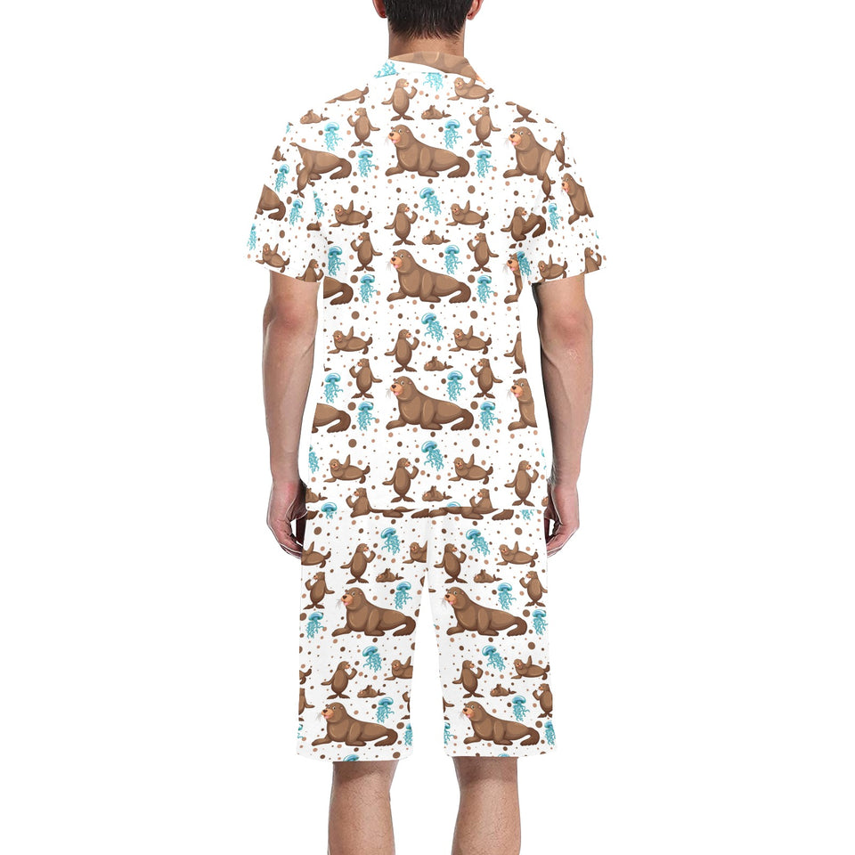 sea lion Seals jellyfish pattern Men's V-Neck Short Pajama Set