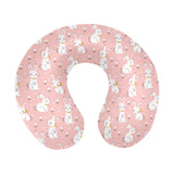 Cute white rabbit flower pink background U-Shaped Travel Neck Pillow