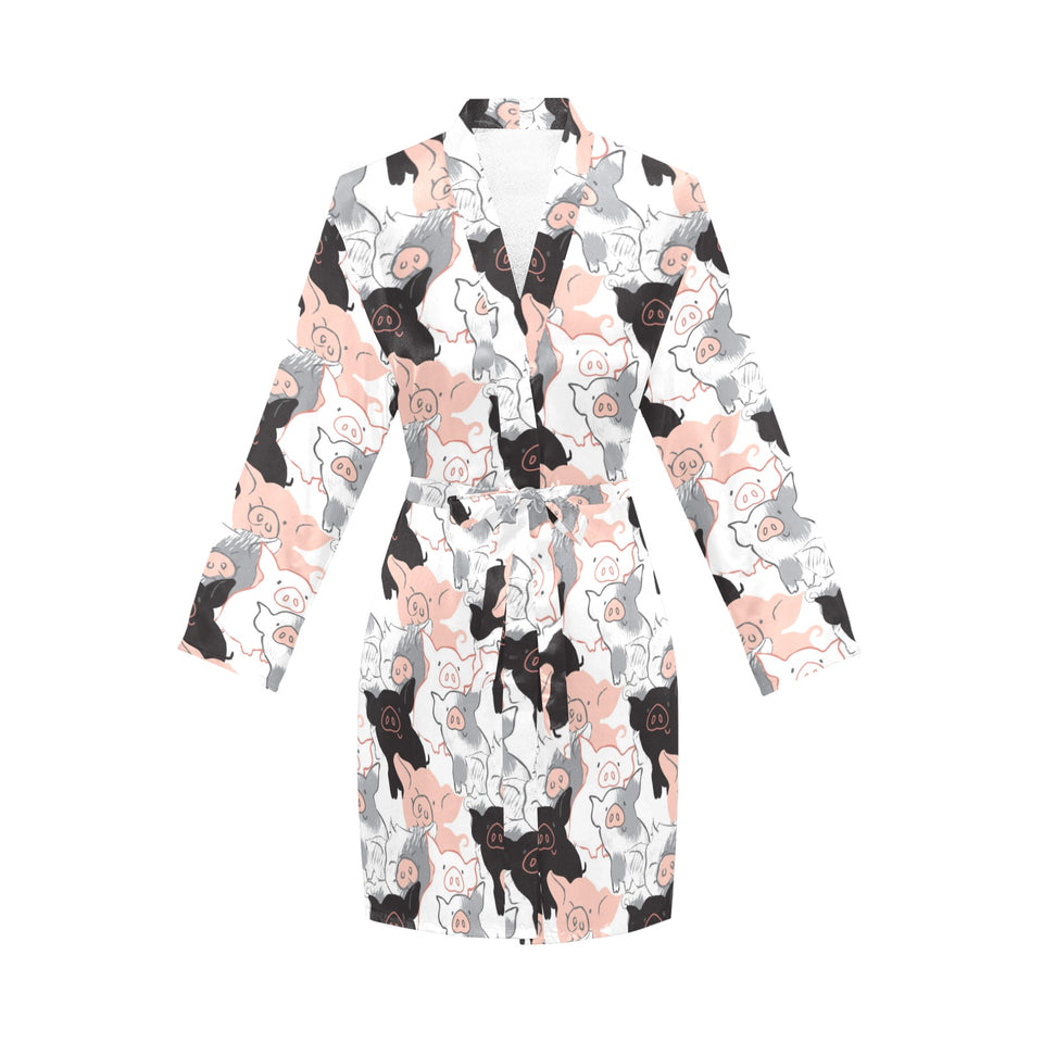 Pig Pattern Print Design 05 Women's Long Sleeve Belted Night Robe