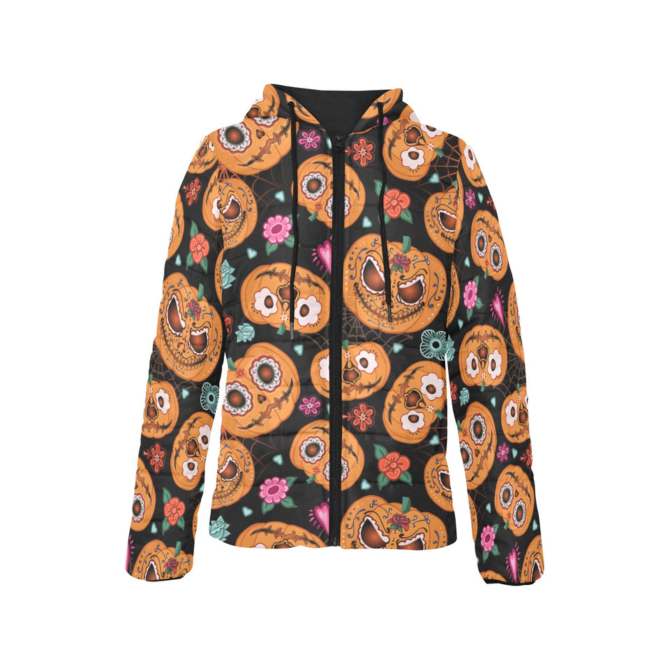 Pumpkin flowers spiderweb Halloween theme Women's Padded Hooded Jacket