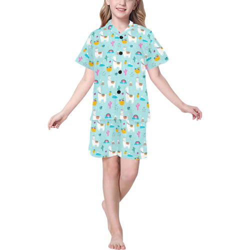 Llama alpaca cactus leaves pattern Kids' Boys' Girls' V-Neck Short Pajama Set