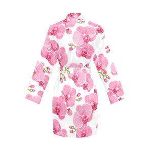 pink purple orchid pattern background Women's Long Sleeve Belted Night Robe