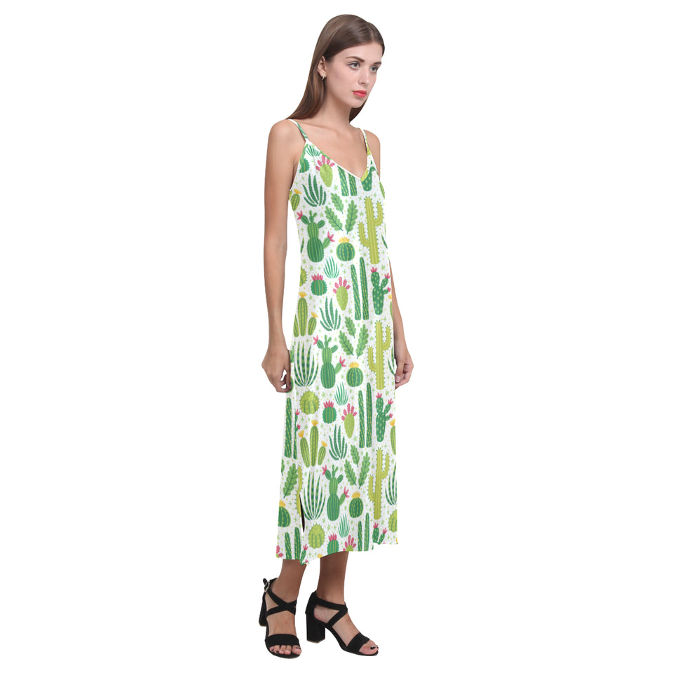 Cactus pattern copy V-Neck Open Fork Long Dress