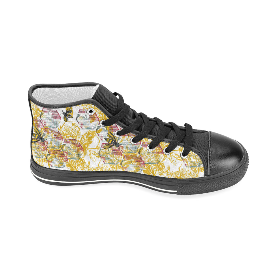 Cool Bee honeycomb leaves pattern Men's High Top Canvas Shoes Black