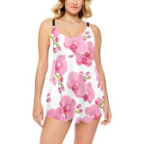 pink purple orchid pattern background Chest Sexy Pleated Two Piece Swim Dress