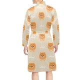 Cute brown pomeranian puppy on blue Men's Long Sleeve Belted Night Robe