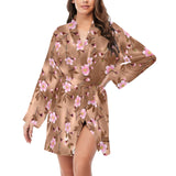 Pink sakura cherry blossom drak brown background Women's Long Sleeve Belted Night Robe
