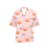 Cute fox pattern pink background Women's All Over Print Hawaiian Shirt