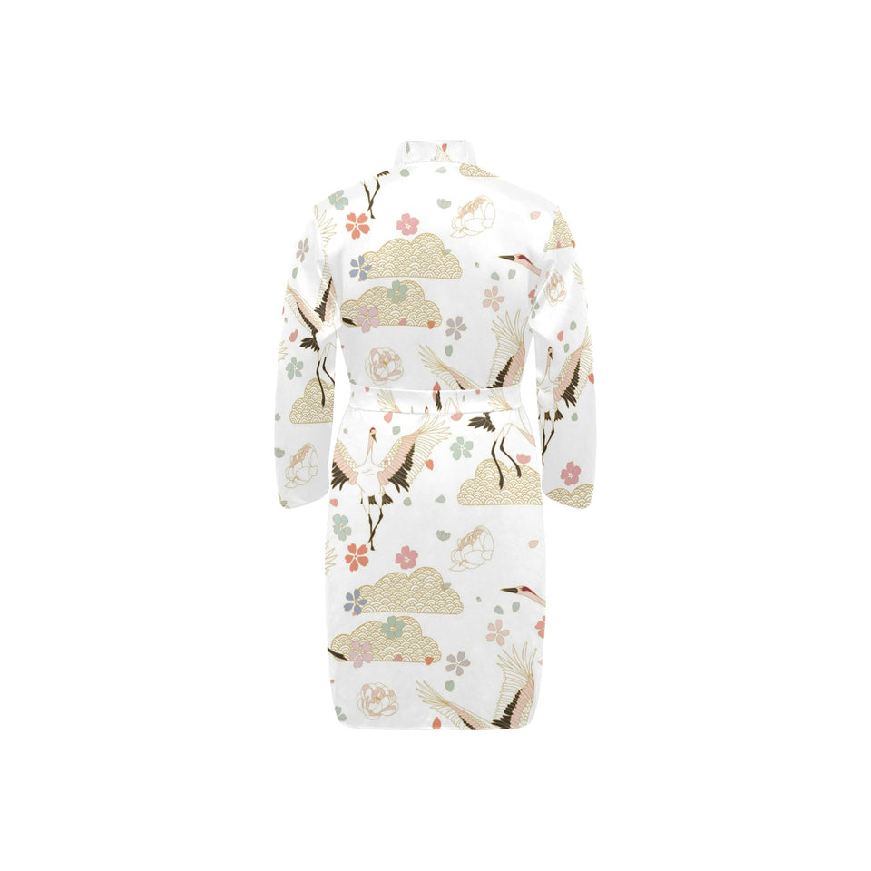 Beautiful Japanese cranes pattern Men's Long Sleeve Belted Night Robe