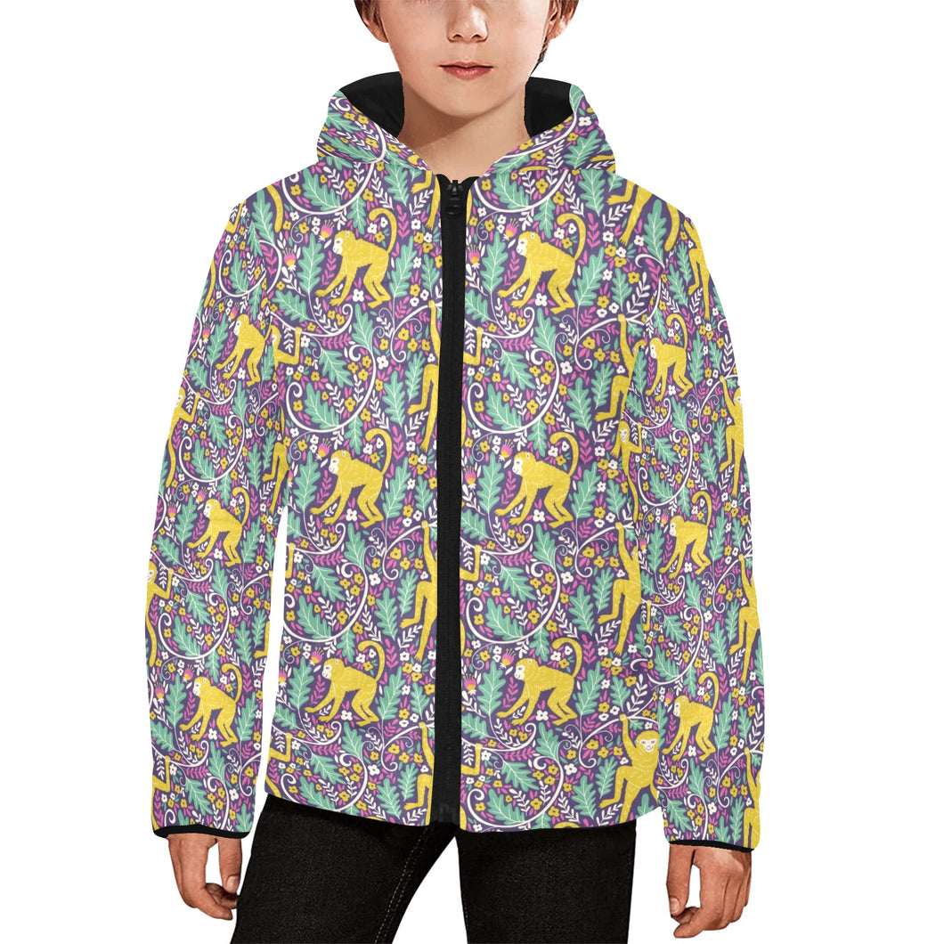 Cute yellow monkey leaves pattern Kids' Boys' Girls' Padded Hooded Jacket