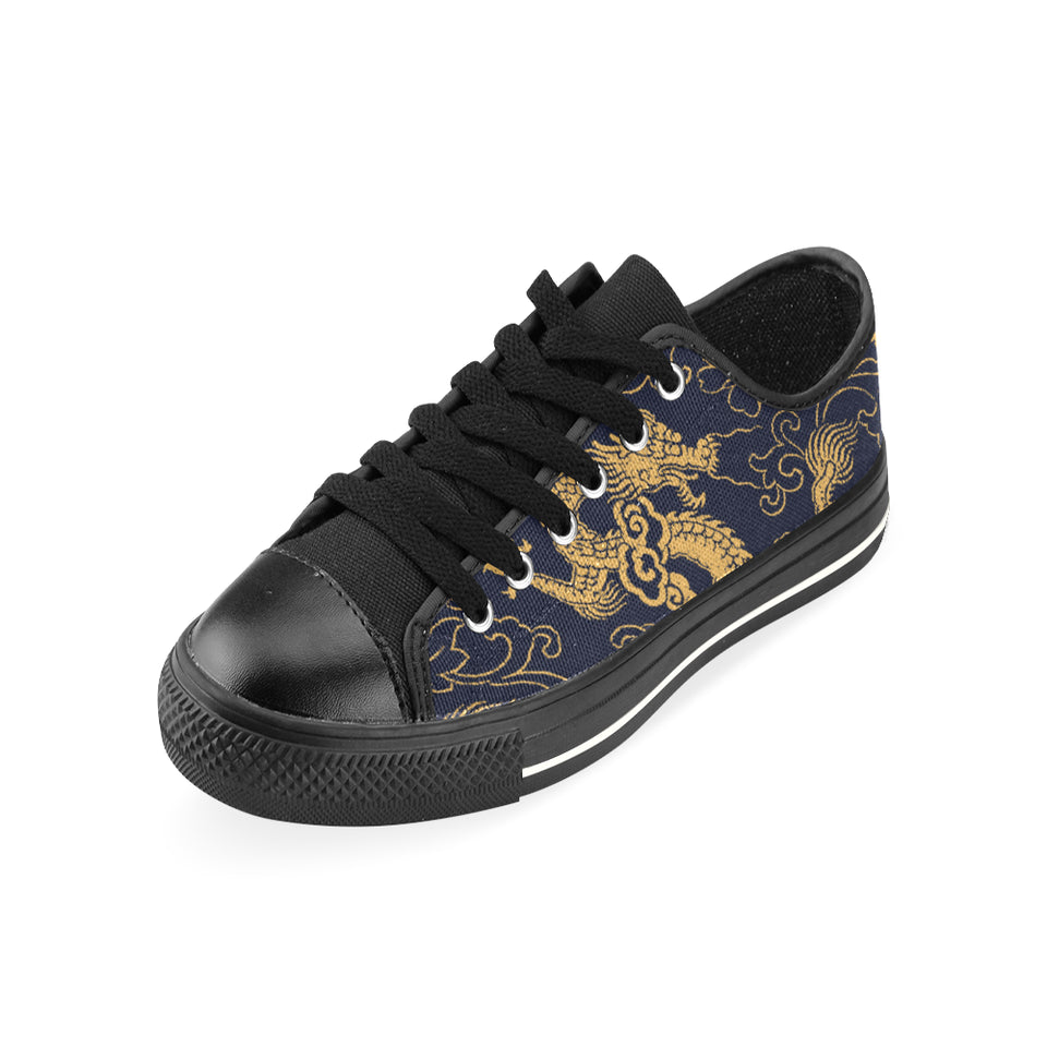 Gold dragon pattern Men's Low Top Canvas Shoes Black