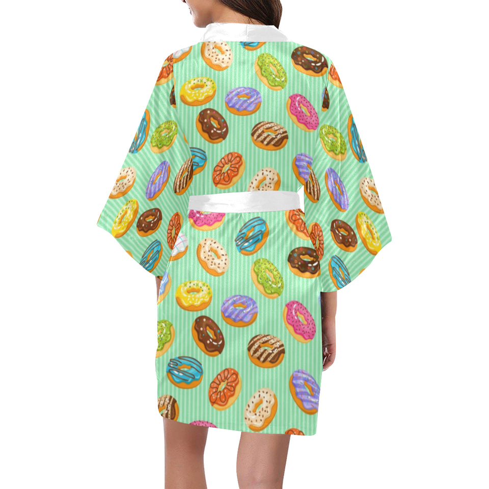 Colorful donut pattern green background Women's Short Kimono Robe