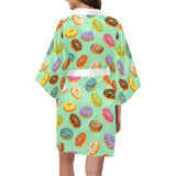 Colorful donut pattern green background Women's Short Kimono Robe
