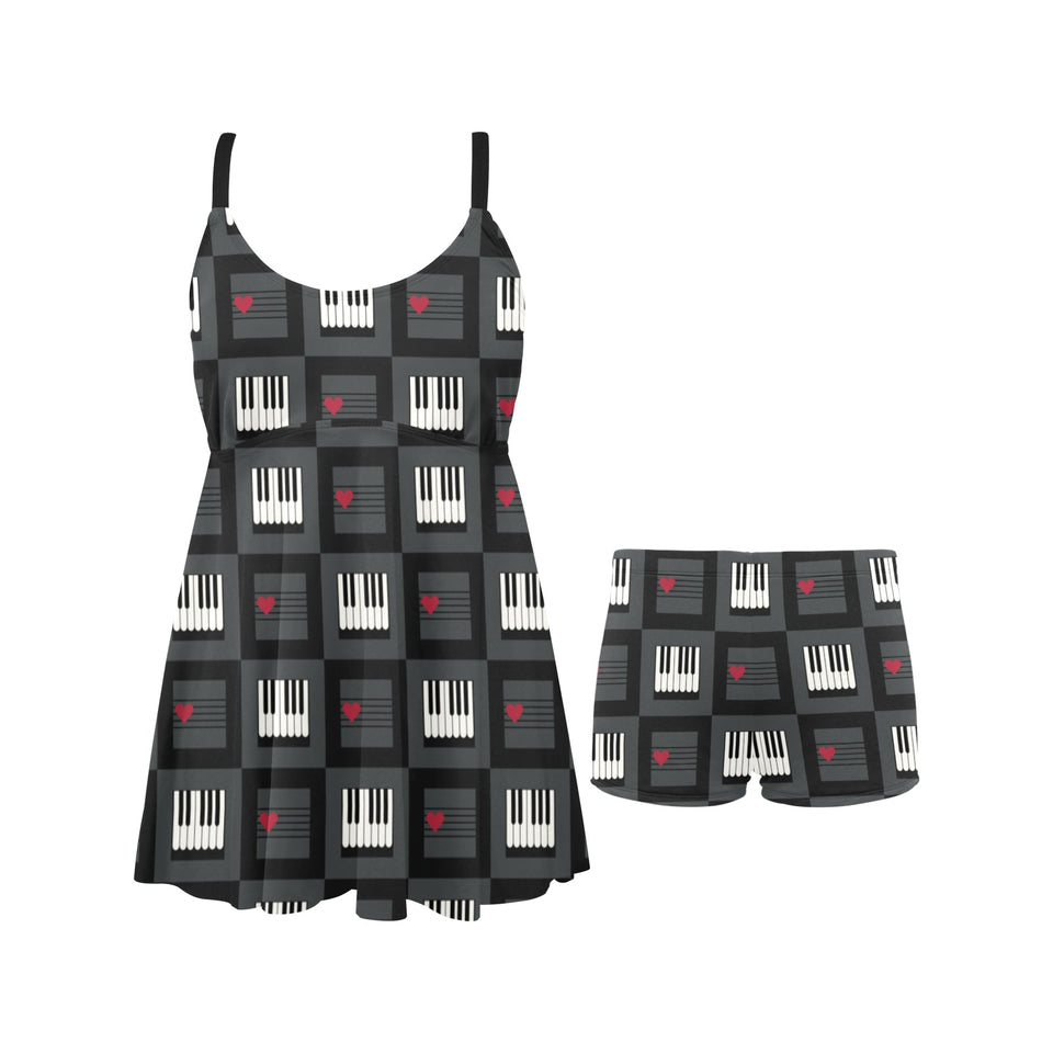 Piano Pattern Print Design 05 Chest Sexy Pleated Two Piece Swim Dress
