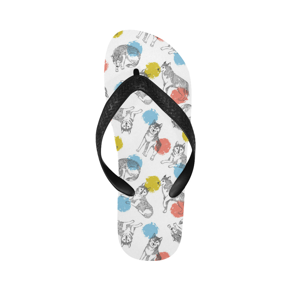 Siberian husky and colorful circle pattern Unisex Flip Flops