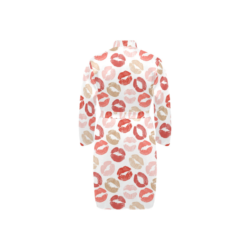 Lips Pattern Print Design 04 Men's Long Sleeve Belted Night Robe