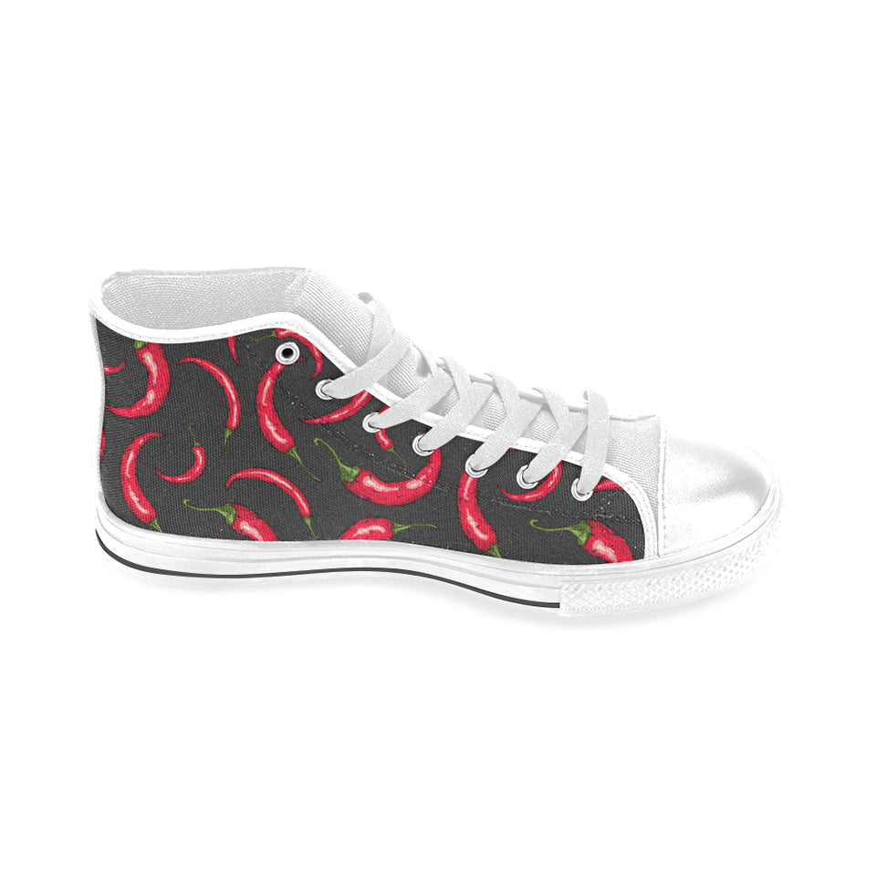 Chili peppers pattern black background Men's High Top Canvas Shoes White