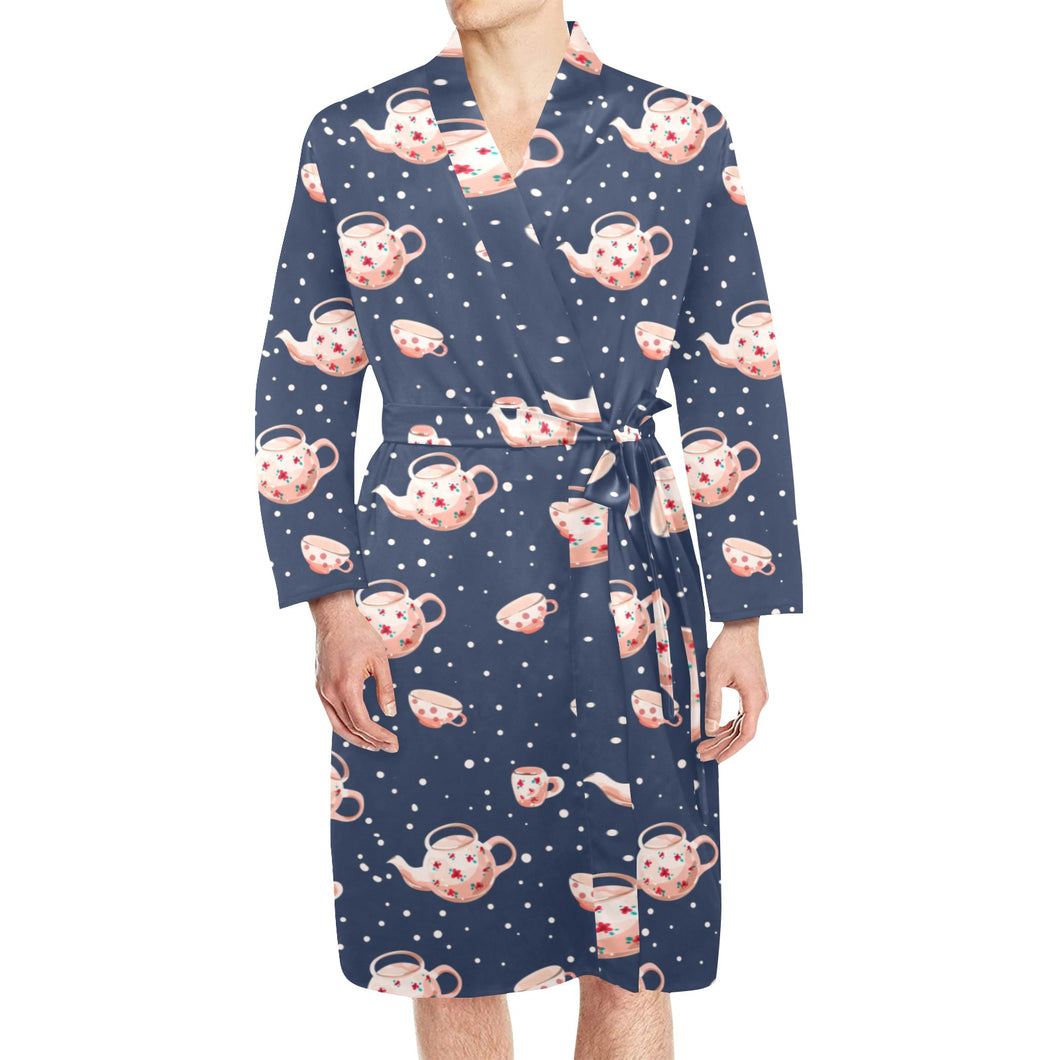 Tea pots Pattern Print Design 04 Men's Long Sleeve Belted Night Robe