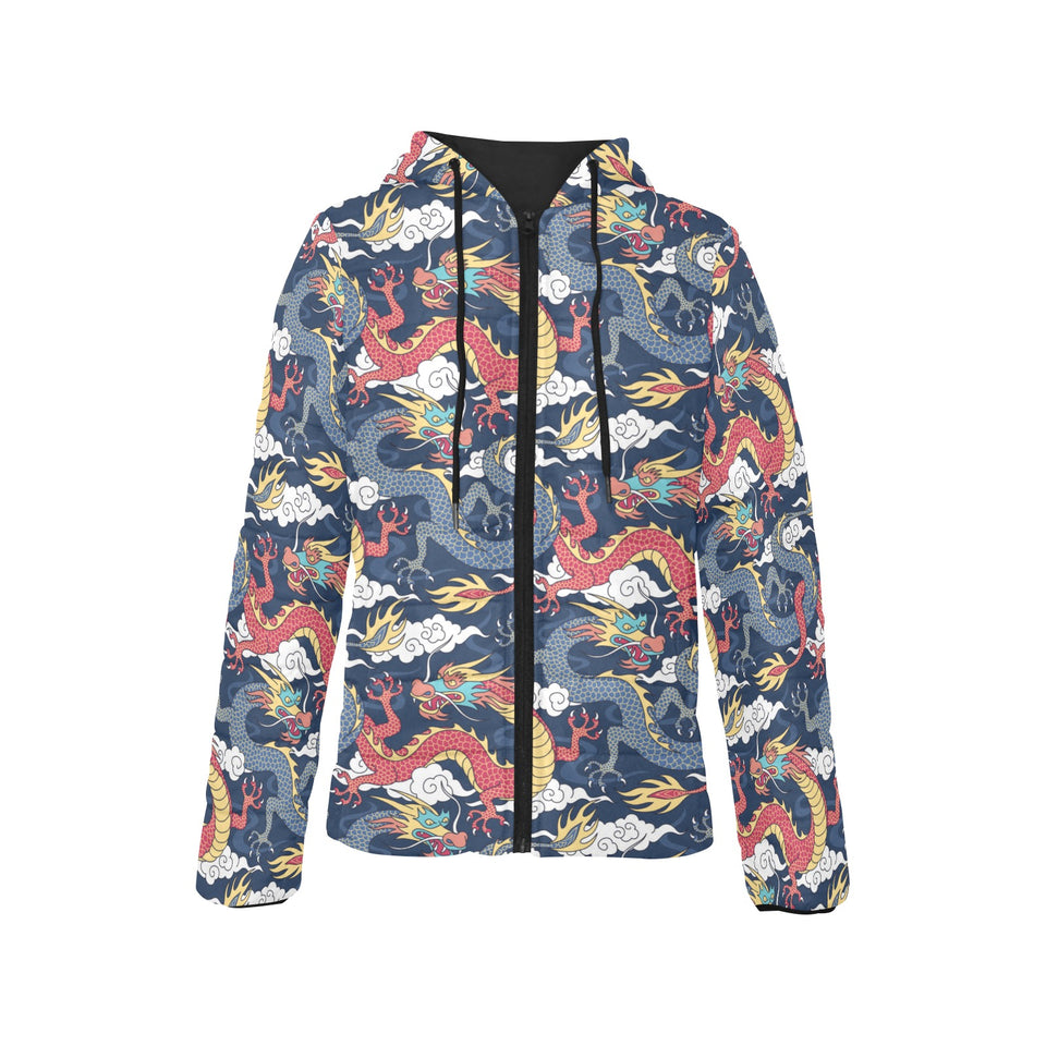 Blue red dragon cloud pattern Women's Padded Hooded Jacket
