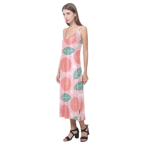 Grapefruit leaves flower pink background V-Neck Open Fork Long Dress