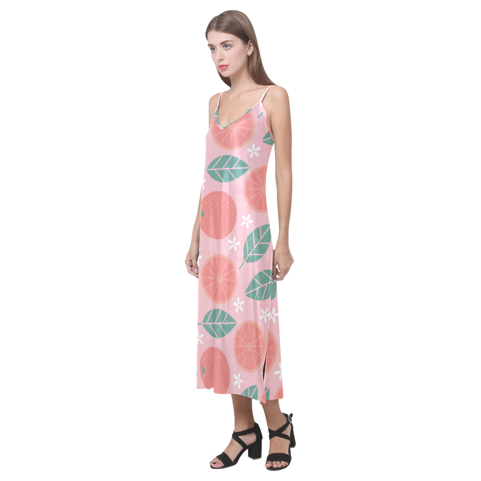 Grapefruit leaves flower pink background V-Neck Open Fork Long Dress