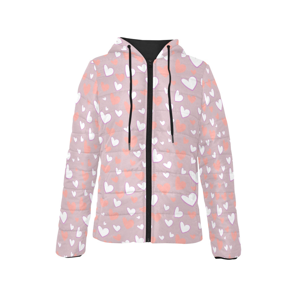coral white heart pattern Women's Padded Hooded Jacket