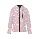 coral white heart pattern Women's Padded Hooded Jacket