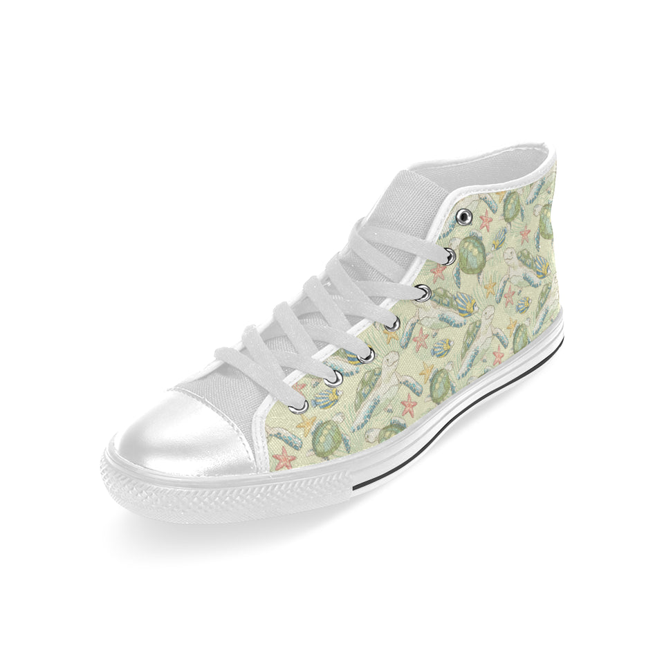 Hand drawn sea turtle fish pattern Men's High Top Canvas Shoes White