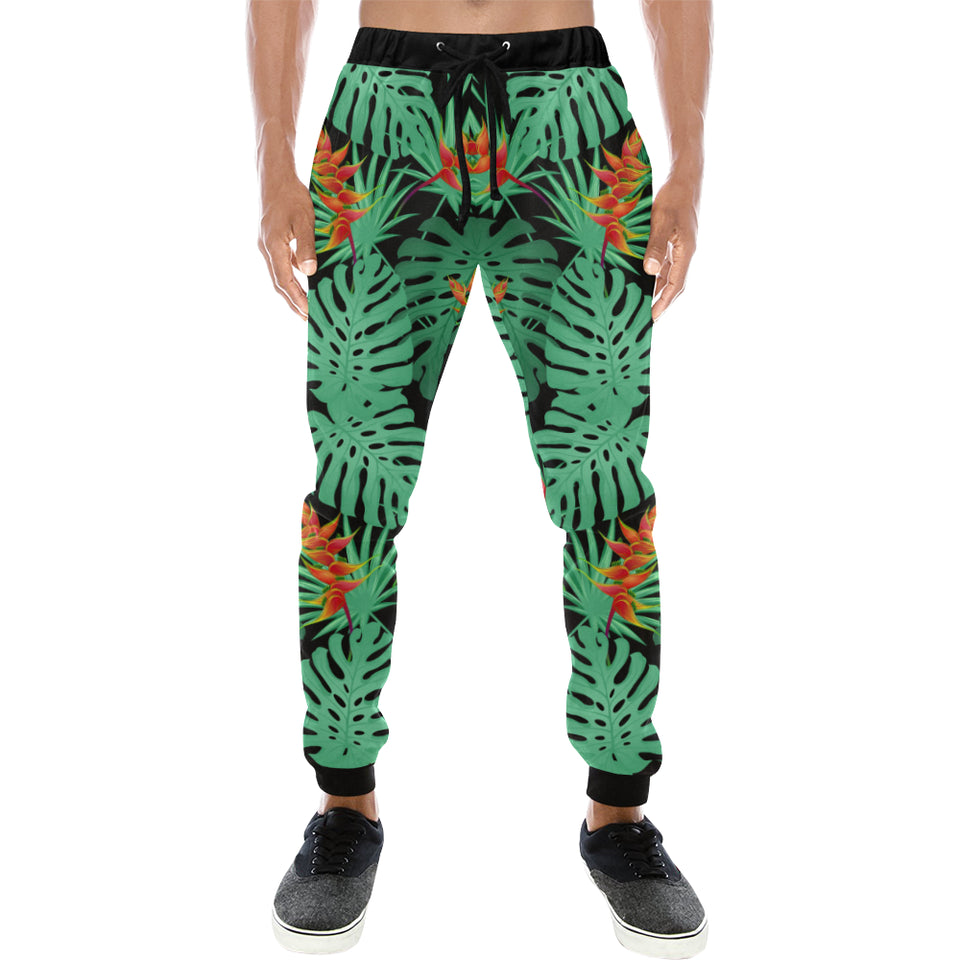 heliconia flower palm monstera leaves black backgr Unisex Casual Sweatpants