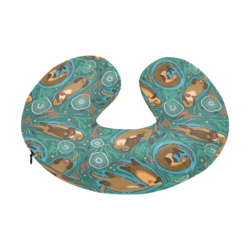cute brown sea otters ornamental seaweed corals gr U-Shaped Travel Neck Pillow