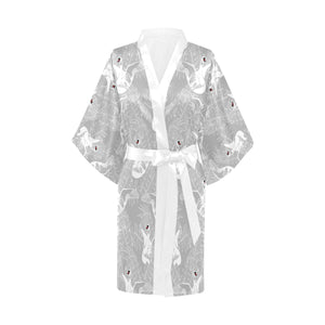 white swan gray background Women's Short Kimono Robe