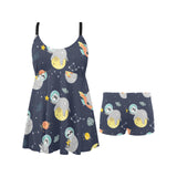 Cute sloth astronaut star planet rocket pattern Chest Sexy Pleated Two Piece Swim Dress