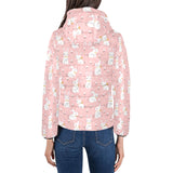 Cute white rabbit flower pink background Women's Padded Hooded Jacket