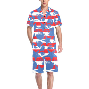 American football ball star stripes pattern Men's V-Neck Short Pajama Set