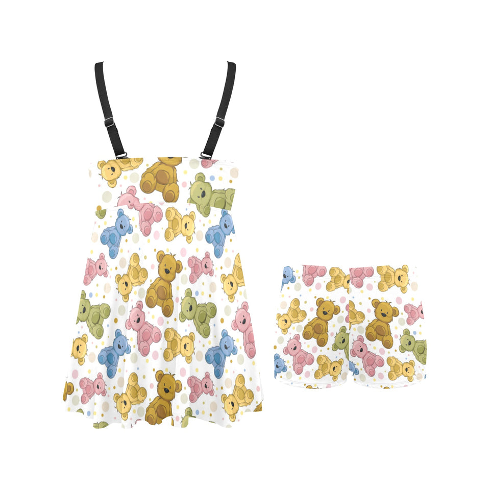 Teddy Bear Pattern Print Design 01 Chest Sexy Pleated Two Piece Swim Dress