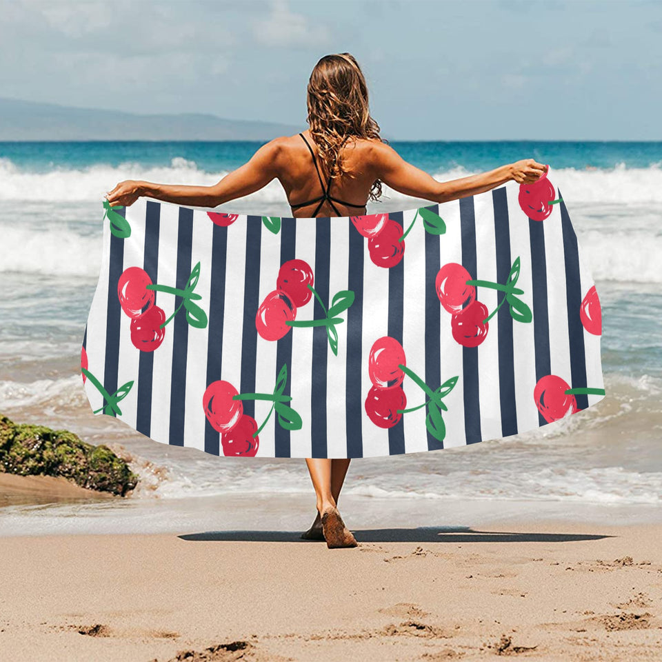 Hand drawn cherry pattern striped background Beach Towel